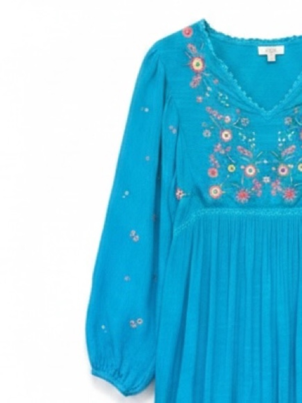 Umgee Floral Embroidered Long Balloon Sleeve Dress Turquoise Blue Large - Picture 5 of 7